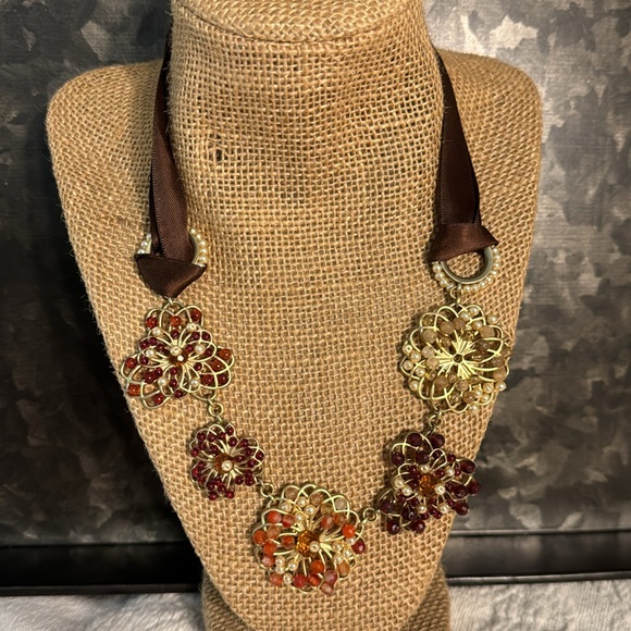 Coldwater Creek Floral Beaded Gold Wire Collar Bib Ribbon Necklace Flowers - Picture 4 of 5